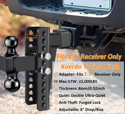 Adjustable Trailer Hitch -Drop Hitch-Tow Hitch FITS 2.5 inch Receiver-8inch Drop/Rise, 2" & 2-5/16" Ball Hitches for Trucks, 22,000 LBS GTW, Trailer Hitches with Anti-Theft Pin, Black