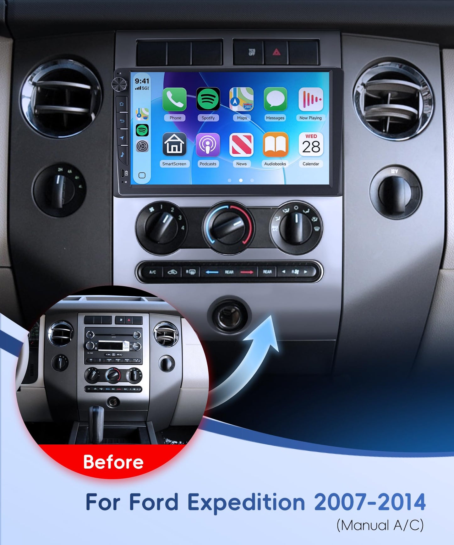 Rimoody 4G+64G Android Car Stereo for Ford Expedition 2007-2014 (Manual A/C), 9'' Incell Screen with Physical Buttons, Wireless Carplay Android Auto GPS BT-5.0 FM RDS EQ WiFi SWC Type-C Backup Camera