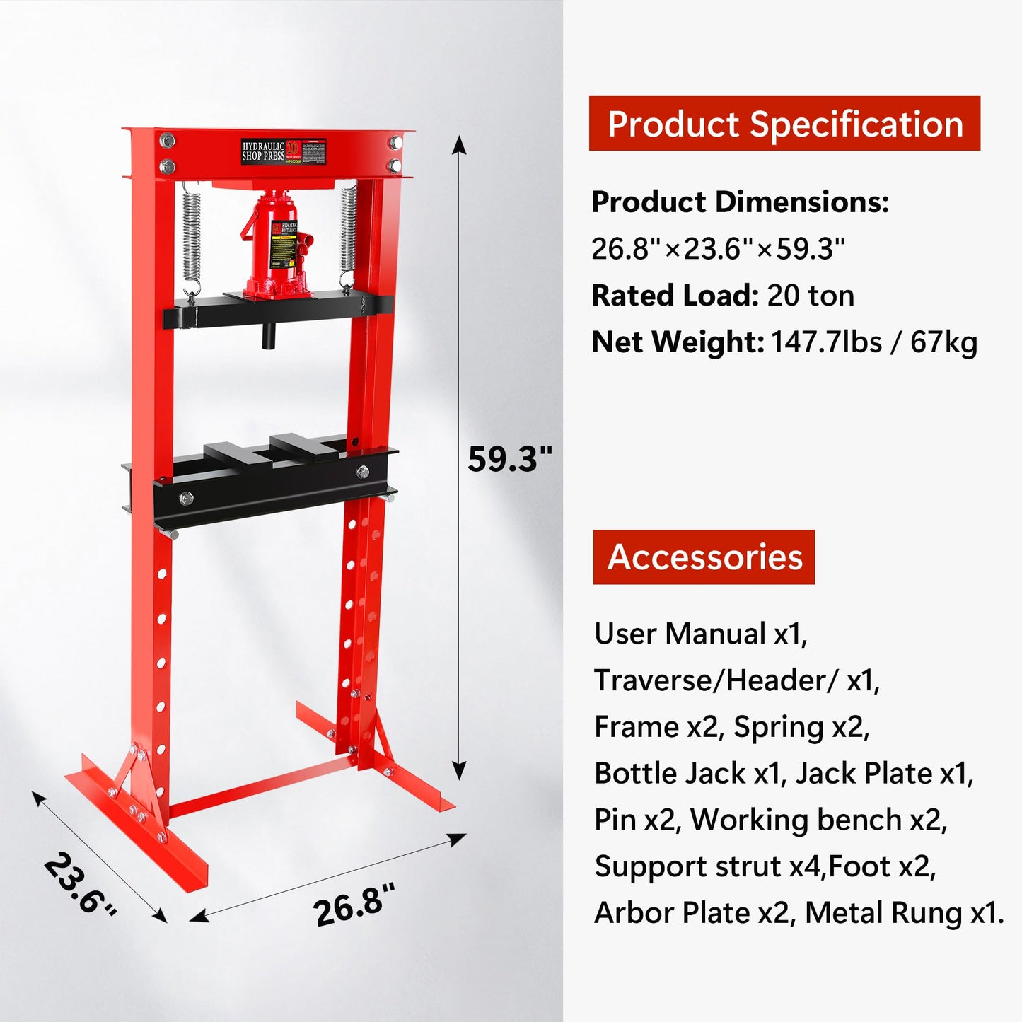 GarveeTech 20 Ton Shop Press, H-Frame Garage Floor Adjustable Hydraulic Shop Press with Stamping Plates to Bend, Straighten, Or Press Parts, Install Bearings & U-Joints