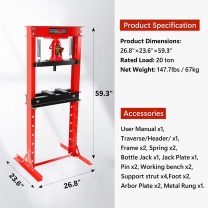 GarveeTech 20 Ton Shop Press, H-Frame Garage Floor Adjustable Hydraulic Shop Press with Stamping Plates to Bend, Straighten, Or Press Parts, Install Bearings & U-Joints