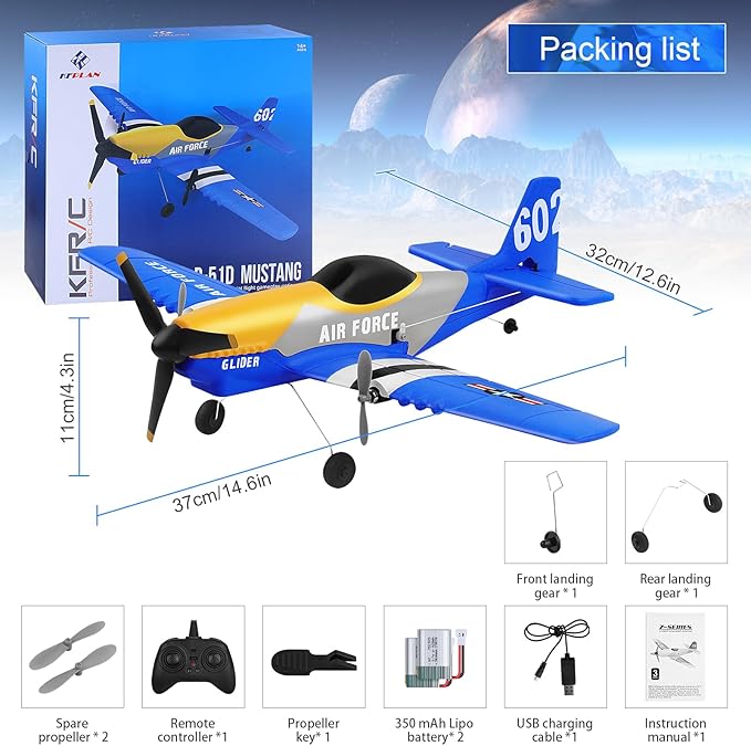 RC Plane 3-Channel 2.4GHZ RC Airplane P51D Mustang Fighter with 2 Batteries KF602 Remote Control Plane Gyroscopes Stabilization System Easy to Fly Suitable for Beginners Kids Adults