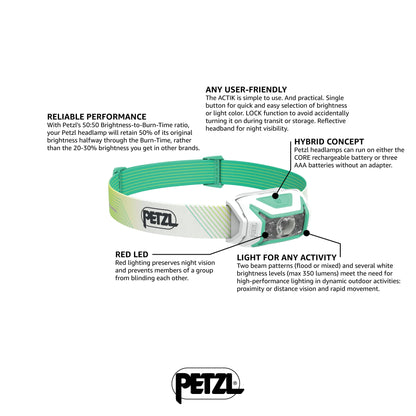 PETZL ACTIK CORE Rechargeable Headlamp - 600 Lumens - Green (Classic)