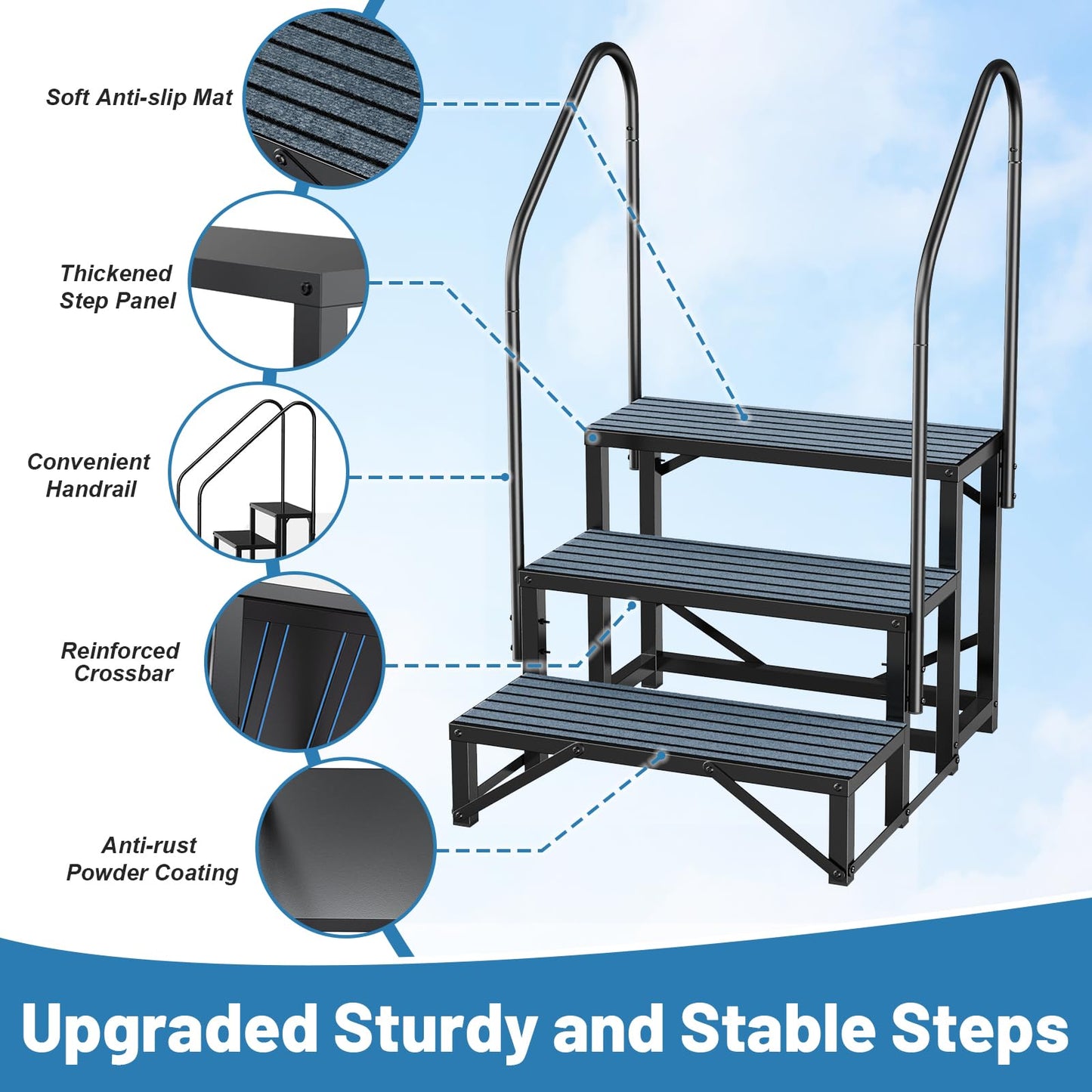 Rv Steps with Handrail 3 Step,Hot Tub Steps with Anti-Slip Mats,Heavy Duty Metal Mobile Home Stairs,Camper Steps for Travel Trailer,Portable Step Ladder for Spa,Pool and Porch