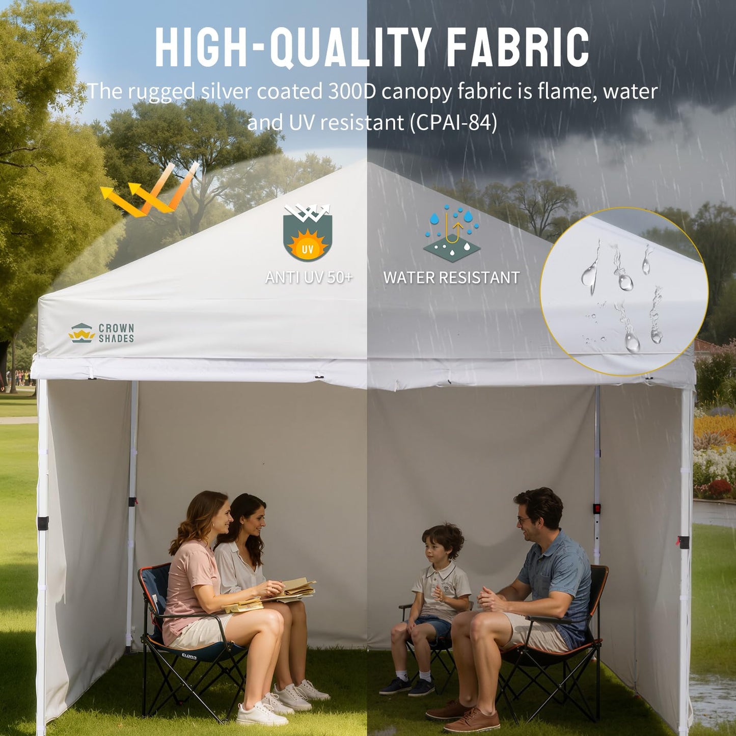 CROWN SHADES 10X10 Commercial Instant Canopy Pop Up Tent with CENTERLOK, 300D Fabric, 4 Sidewalls, White