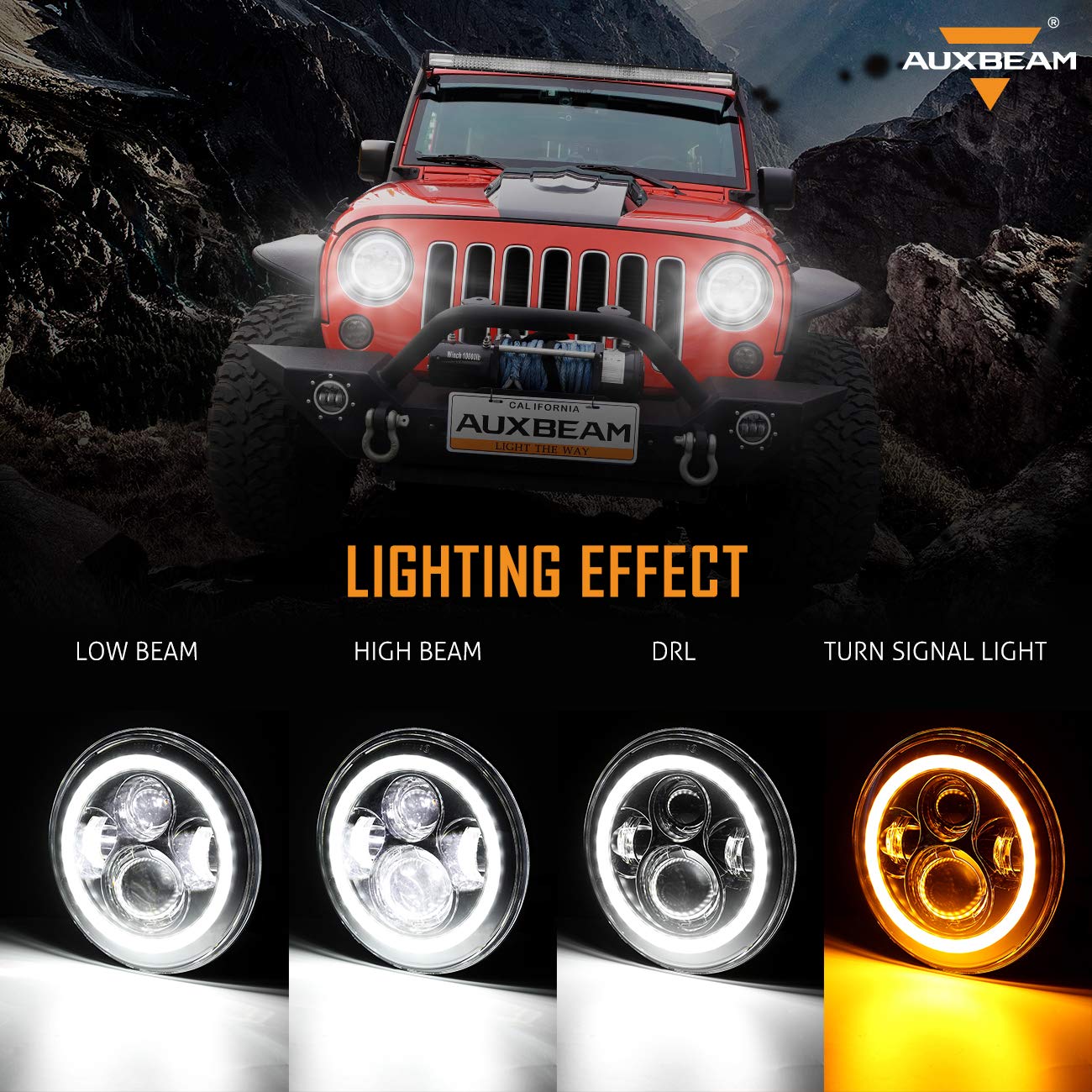 Auxbeam 7 Inch LED Headlights DOT Approved for 1997-2018 Jeep Wrangler JK JKU Unlimited TJ LJ CJ, 7" Round Headlamps for Rubicon Sport Sahara Peterbilt, H6024 Headlights w/DRL & Amber Turn Signal