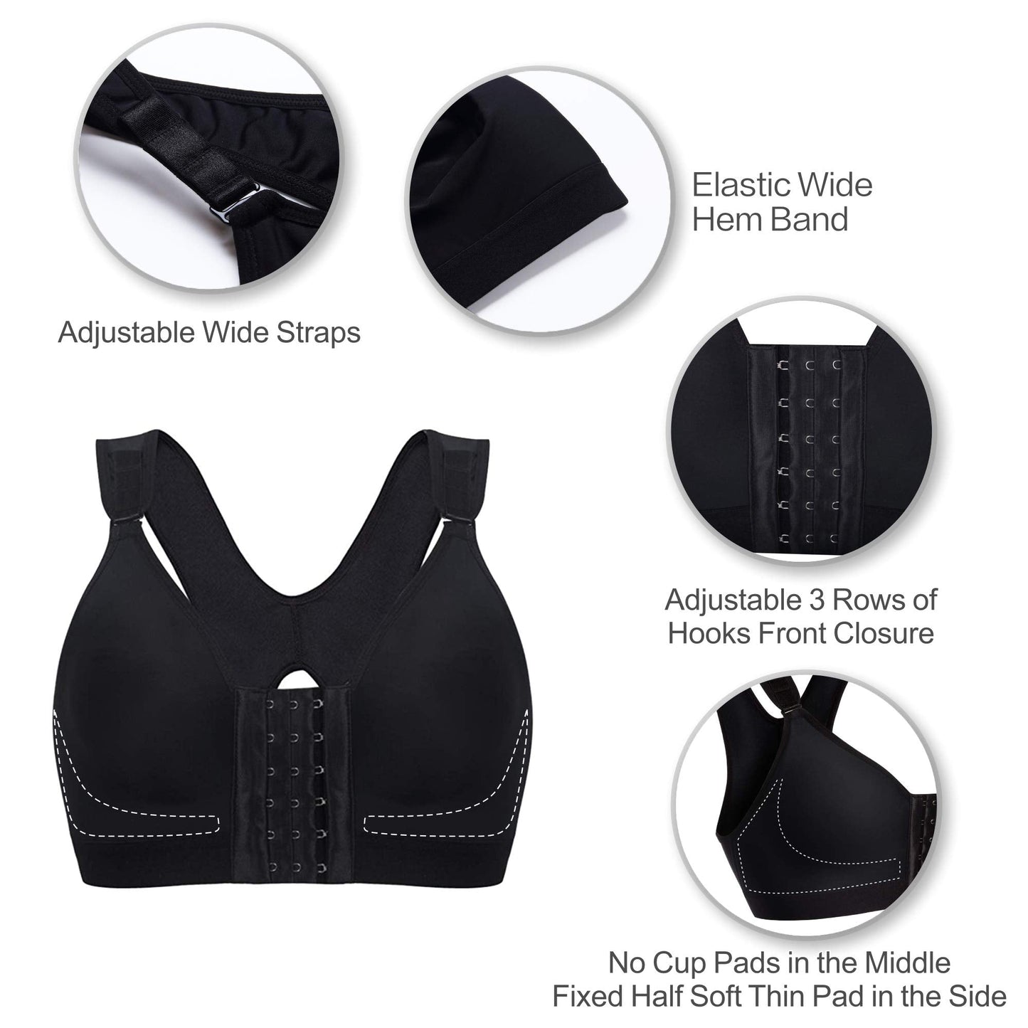 SHAPERX Women's Post-Surgical Front Closure Sports Bra Adjustable Wide Strap Racerback Support Bra,SZ83288-Black-L