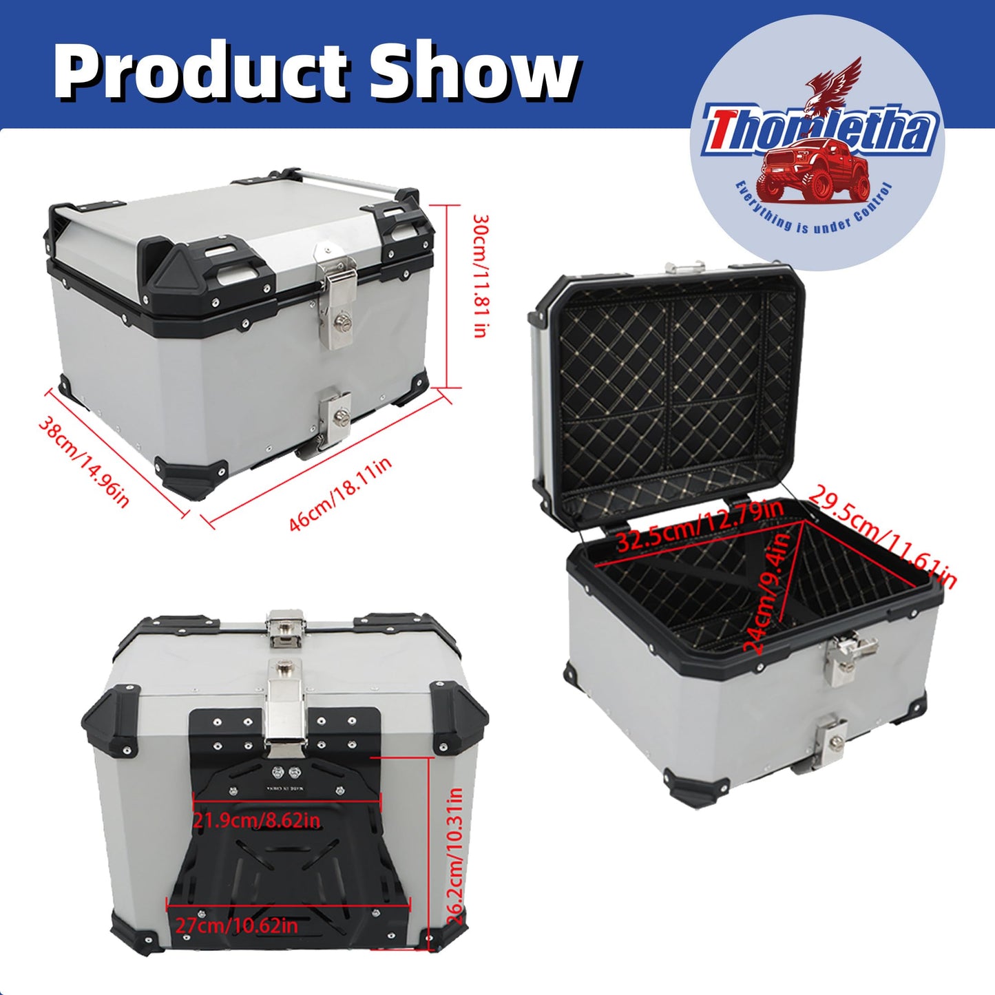 Thomletha 55L Aluminum Alloy Motorcycle Trunk Tour Tail Box Top Case with Mounting Plate Lock Silver