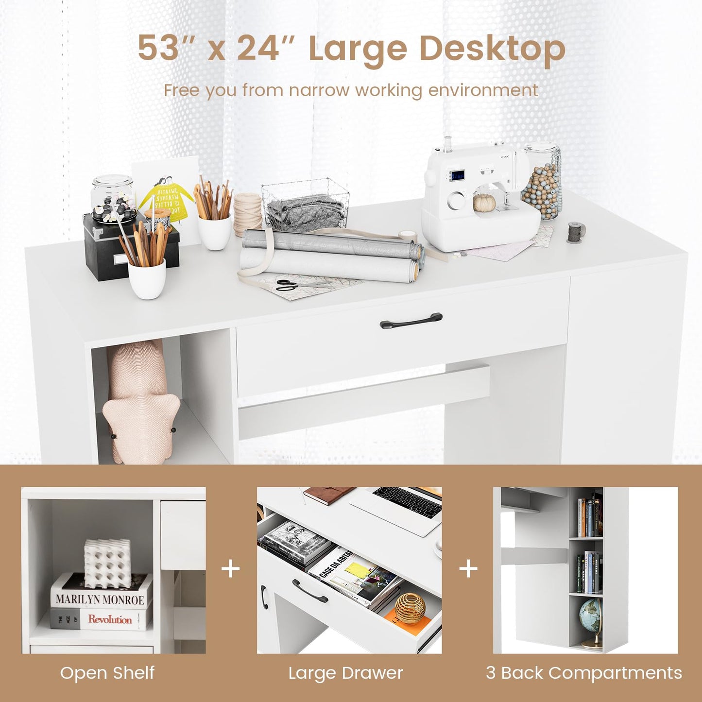 COSTWAY 36” Counter Height Sewing Table, 53 Inch Artwork Craft Table with 14 Open Compartments, 3-Position Adjustable Shelf, 1 Drawer & Cabinet, Project Center Desk Drafting Sewing Workstation, White