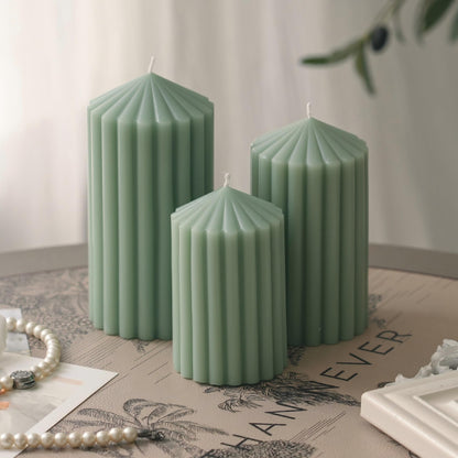 3 Pack Sage Green Ribbed Pillar Candles - Soy Wax Unscented, 2.76"x4.2/4.9/5.9 in Smokeless Non Toxic Cotton Wick, Aesthetic Modern Candles for Home Decor, Dinner Table, Living Room, Housewarming Gift