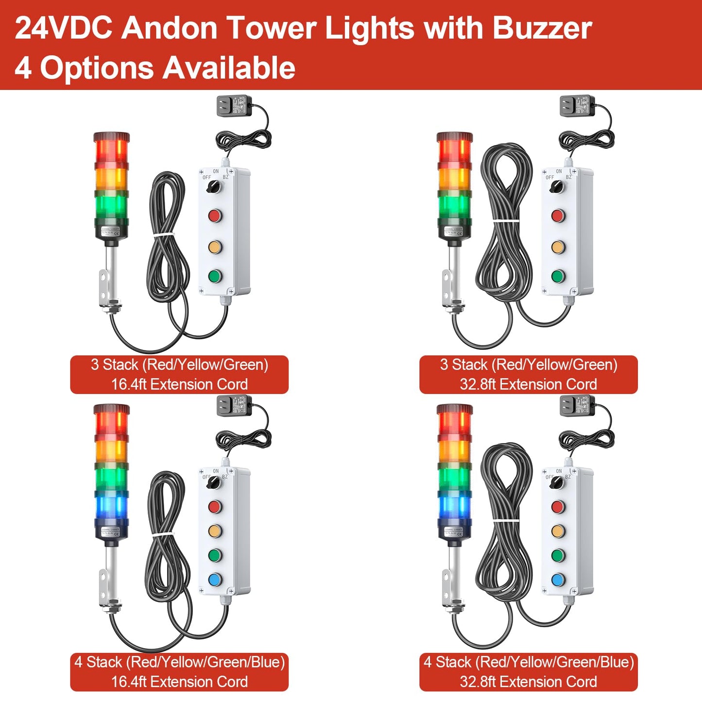 3 Stack Super Bright LED Andon Tower Light with Buzzer, 24VDC Red/Yellow/Green Signal Light, Off-ON, 32.8ft Extension Cord, 9.8ft Power Adapter, Plug Play Ready, for Factory Automation & Safety Alarms