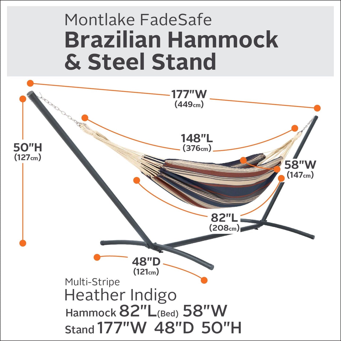 Classic Accessories Montlake Fadesafe Brazilian Hammock with Steel Stand, Heather Indigo Blue Multi-Stripe