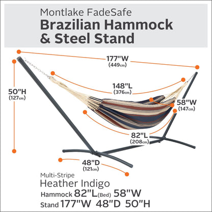 Classic Accessories Montlake Fadesafe Brazilian Hammock with Steel Stand, Heather Indigo Blue Multi-Stripe