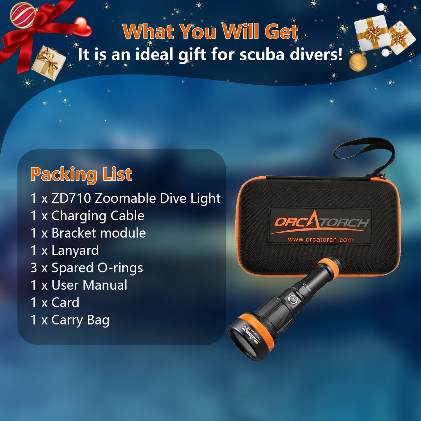 ORCATORCH ZD710 MK2 2-in-1 Zoomable Dive Light, 4-72 Degrees Adjustable Beam Scuba Diving Flashlight with 4 Modes, 920m Long Range, IP68 Waterproof Submersible Torch for Under Water Deep Sea Cave