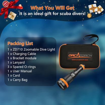 ORCATORCH ZD710 MK2 2-in-1 Zoomable Dive Light, 4-72 Degrees Adjustable Beam Scuba Diving Flashlight with 4 Modes, 920m Long Range, IP68 Waterproof Submersible Torch for Under Water Deep Sea Cave