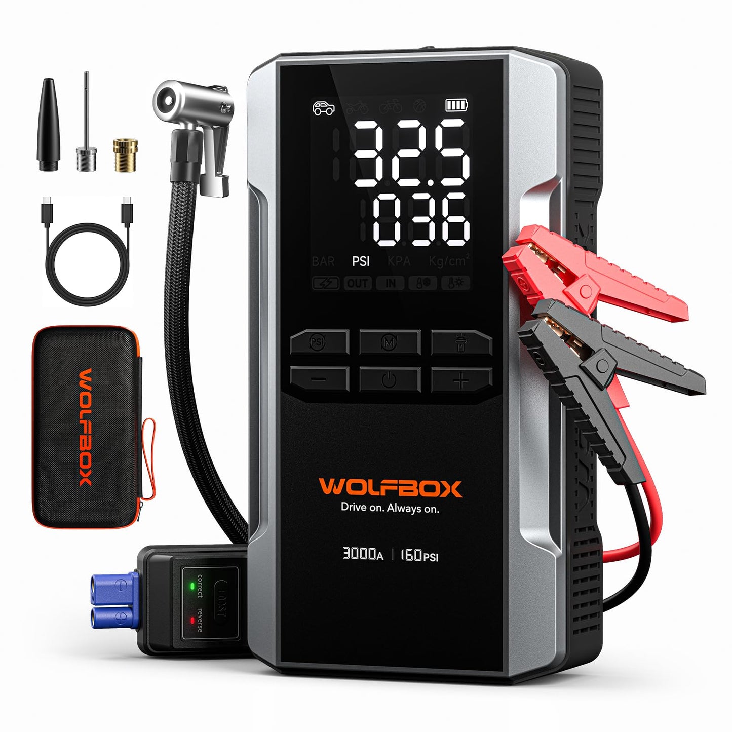 WOLFBOX 3000A Jump Starter with Air Compressor, 59.2Wh&160PSI Portable Car Battery Jump Starter with 65W Fast Charging, 12V Battery Pack (8L Gas 6L Diesel Engine) with Boost, Light and Jumper Cables