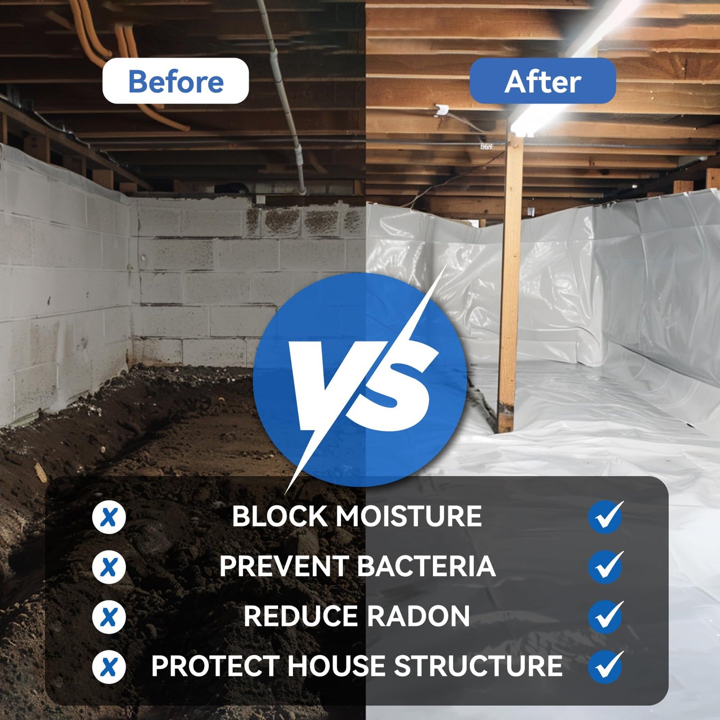 Spirecover Crawl Space Vapor Barrier - 14 Mil White Vapor Barrier, 10' x 100', Heavy Duty Polyethylene Film, Thick Plastic Sheeting, Plastic Drop Cloth Covering for Crawl Space, Basement