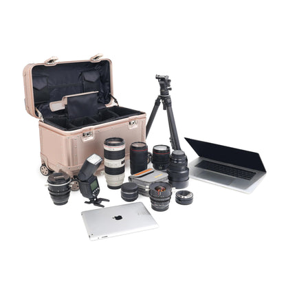 Perle Path All Aluminum Rolling Camera Case, Pilot case, Camera roller bag, Carry on, Hard Shell Photography Equipment suitcase with 4 Wheels and Telescopic Handle (Rose Gold(with camera bag inside))