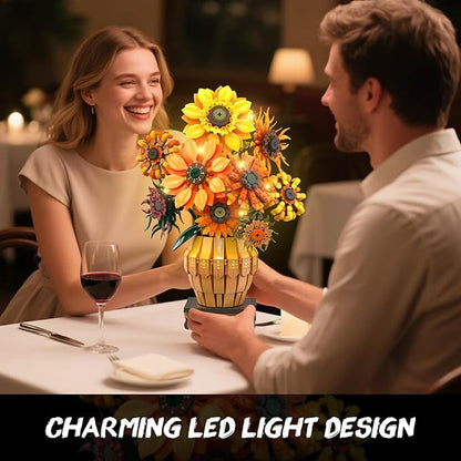 Sunflower Building Set with Lights Vase Base Flowers Botanical Collection Building Block Valentine's Day 1180PCS Art Bouquet Bonsai Plant Building Kit Gift for Adults Teens Girls Boys 12+