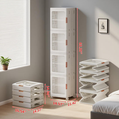 KINDLYF 4-Tier Narrow Storage Cabinet Foldable Plastic Bathroom Organizers with Magnetic Doors & Adjustable Shelves, Slim Storage for Small Spaces Pantry Kitchen Laundry Room Quick Assembly, White