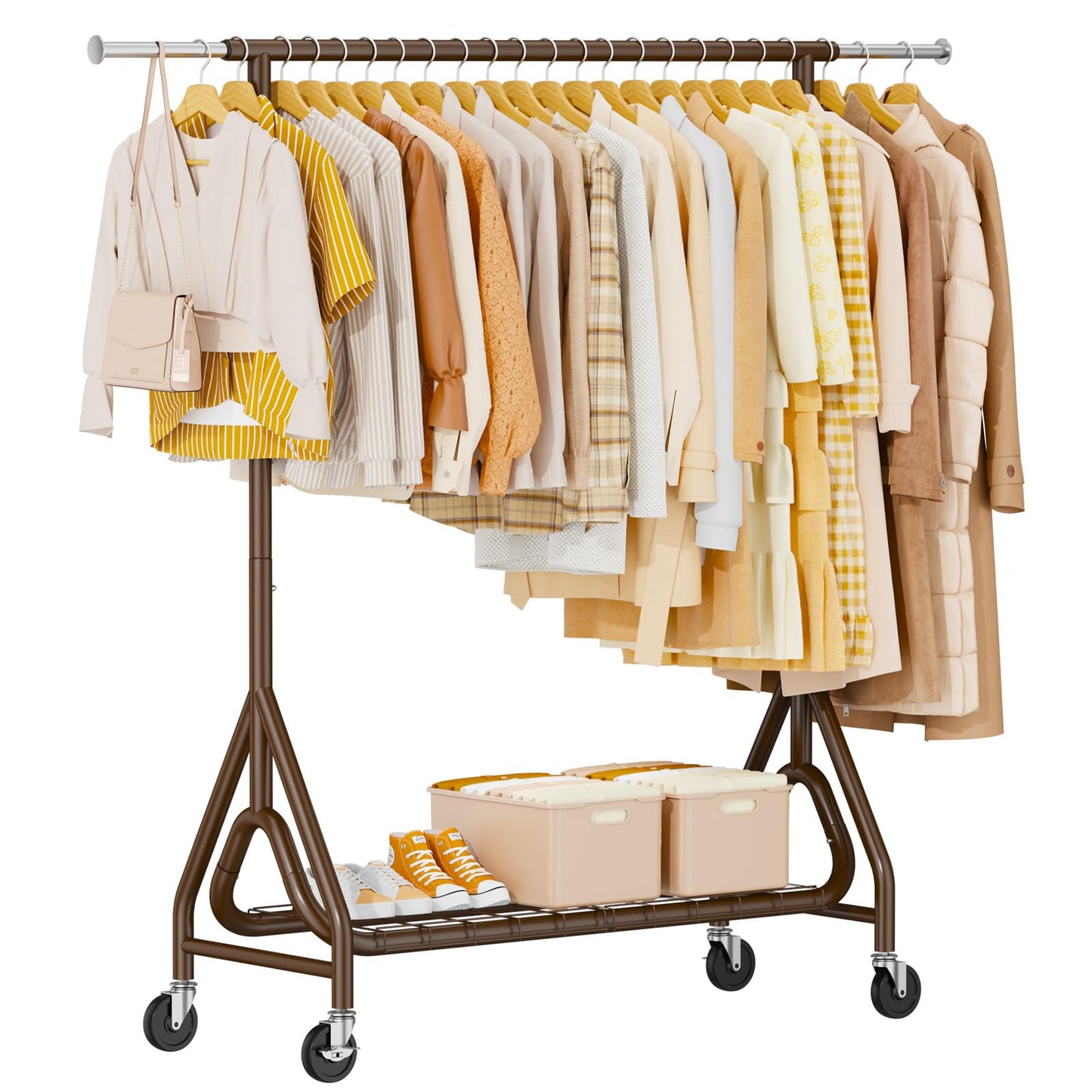 JIEJIERUI Heavy Duty Clothing Rack, Metal Clothes Rack Load 450 LBS, Rolling Coat Racks for Hanging Clothes with Lockable Wheels, Wardrobe Closet Garment Racks for Bedroom, Brown