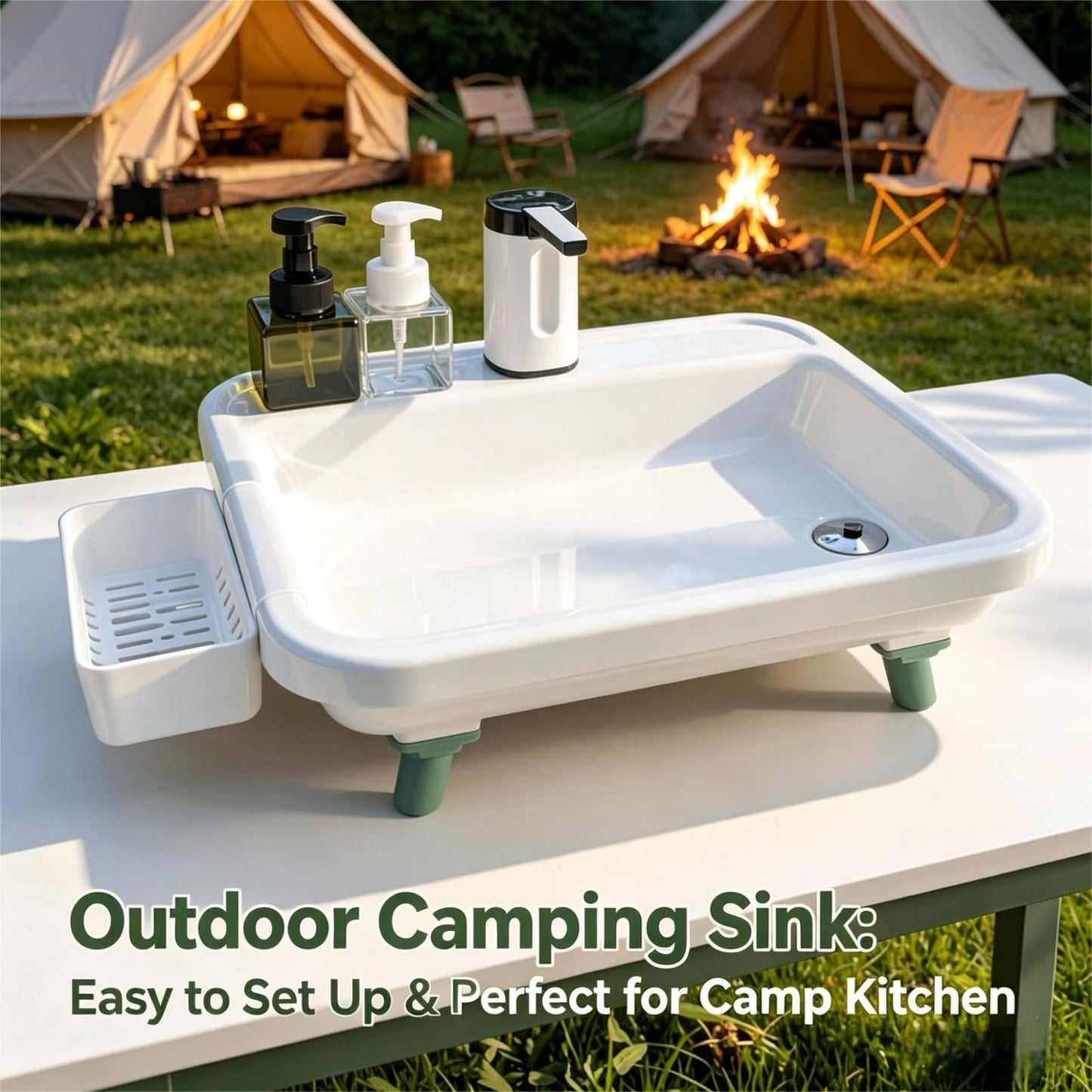 Portable Camping Sink with Electric Faucet, Adjustable Height Stand, Freestanding Outdoor Hand Washing Station, Foldable Wash Basin with Drain Hose & Soap Dispenser, Tank-Free Mobile Sink for Camping