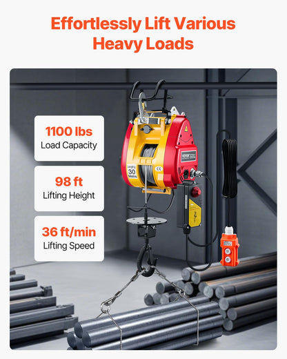 VEVOR 2-in-1 Electric Hoist Winch, 1100 lbs Capacity, 1800W Portable Power Winch, 98 ft Lifting Height, 36 ft/min with Wire and Wireless Remote Control, for Garage, Warehouse, Factory Lifting Towing