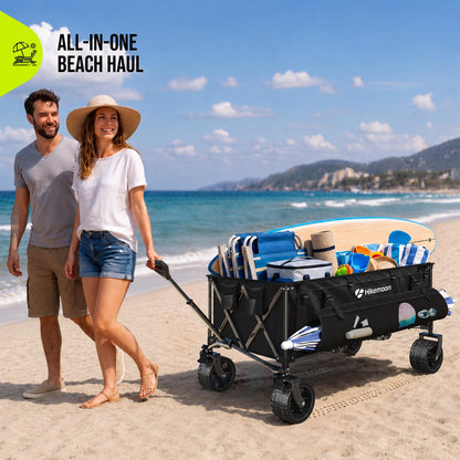 Hikemoon 54" Long Collapsible Wagon 400L Extra Large, Wagons Carts Foldable with Big All-Terrain Wheels, 560LBS Heavy Duty, Utility Folding Cart for Beach, Camping, Grocery, Sports, Garden, Black