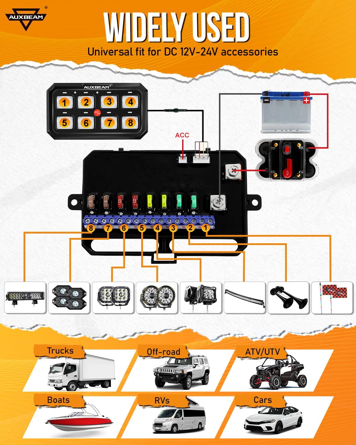 Auxbeam 8 Gang Switch Panel RA80 XL RGB Momentary Pulsed Toggle Switch Panel, Dimmable Backlight Multifunction Switch Panel with Memory Function for 12-24V Truck Offroad Car Marine, 3 Years Warranty