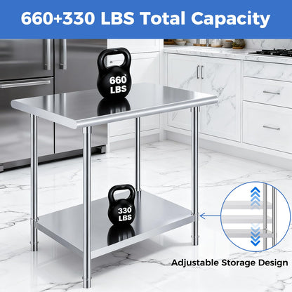 OSTBA Stainless Steel Table for Prep & Work 24x36 Inches, NSF Metal Commercial Heavy Duty Table with Adjustable Undershelf and Adjustable Foot for Restaurant Kitchen Home and Hotel