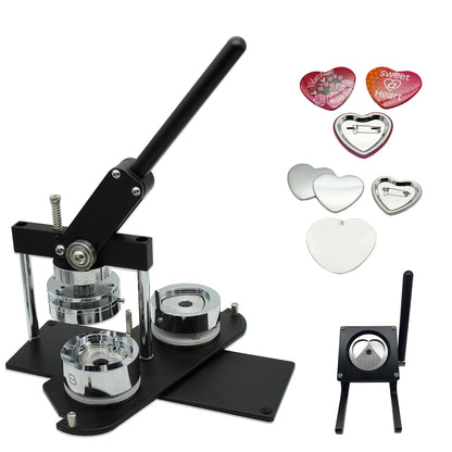 ChiButtons (KIT) Heart 53x57.5mm Pro Badge Machine Button Maker-B400 + Mould + 100 Parts + Stand Cutter Metric System (Black)