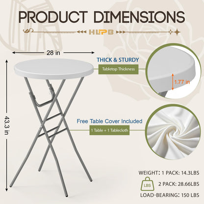 HLPB 28" Round Folding Table with Cover, Foldable Bar Height Table with Removable Legs, Cocktail Table with Handle and Locking Legs for Parties, Patio, Backyard, Wedding, Dining, White
