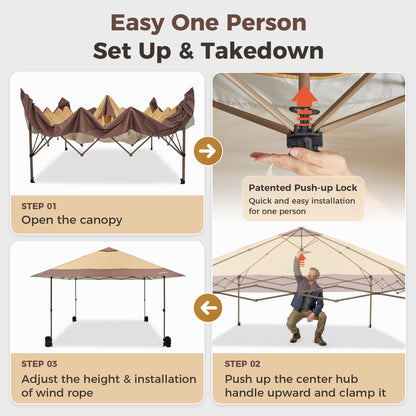OUTDOOR LIVING SUNTIME 13x13 Instant Easy Pop Up Canopy,Portable Commercial Gazebo Camping Gazebo Tent Shelter with Wheeled Roller Carry Bag, Bonus Weight Sandbags, Stakes, Ropes -Khaki