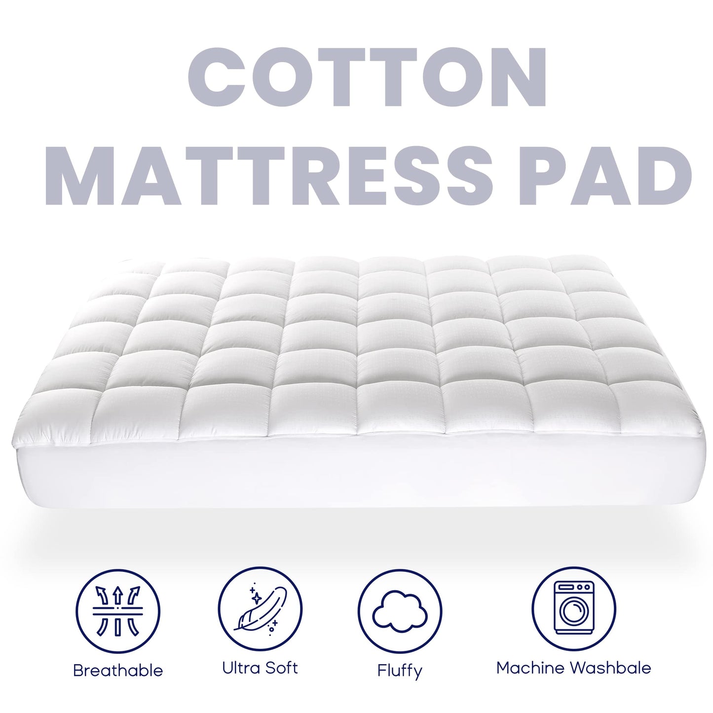 SLEEP ZONE Cotton Mattress Pad Twin XL College Dorm Bedding, Soft Fluffy Cotton Top Mattress Topper, Machine Washable Mattress Protector Cover Fits 8-21 inch Deep Pocket, Twin XL