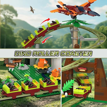 HOGOKIDS Dinosaur Roller Coaster Building Set - 1222 PCS Roller Coaster Building Toy with 4 Dinosaur Off-Road Vehicle Food Cart Dinosaur Models Playset Gifts for Adults Girls Boys Ages 8-12 Years