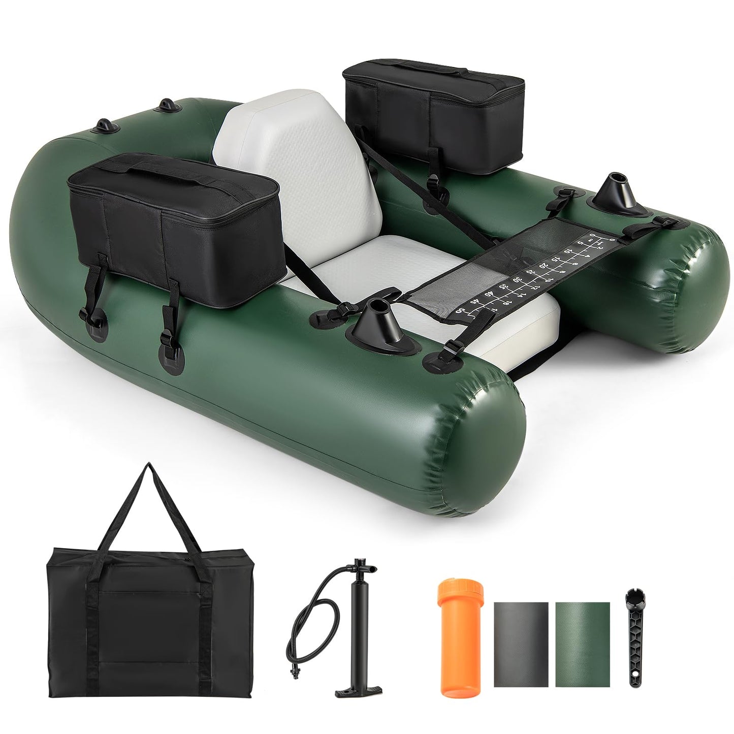 Goplus Inflatable Float Tube, Fishing Belly Boat with Fish Ruler, 2 Detachable Storage Bags, Pump, Carry Bag, PVC Fish Boat w/Reinforced Drop Stitch Core for Rivers Lakes Angling, 352LBS Load Capacity
