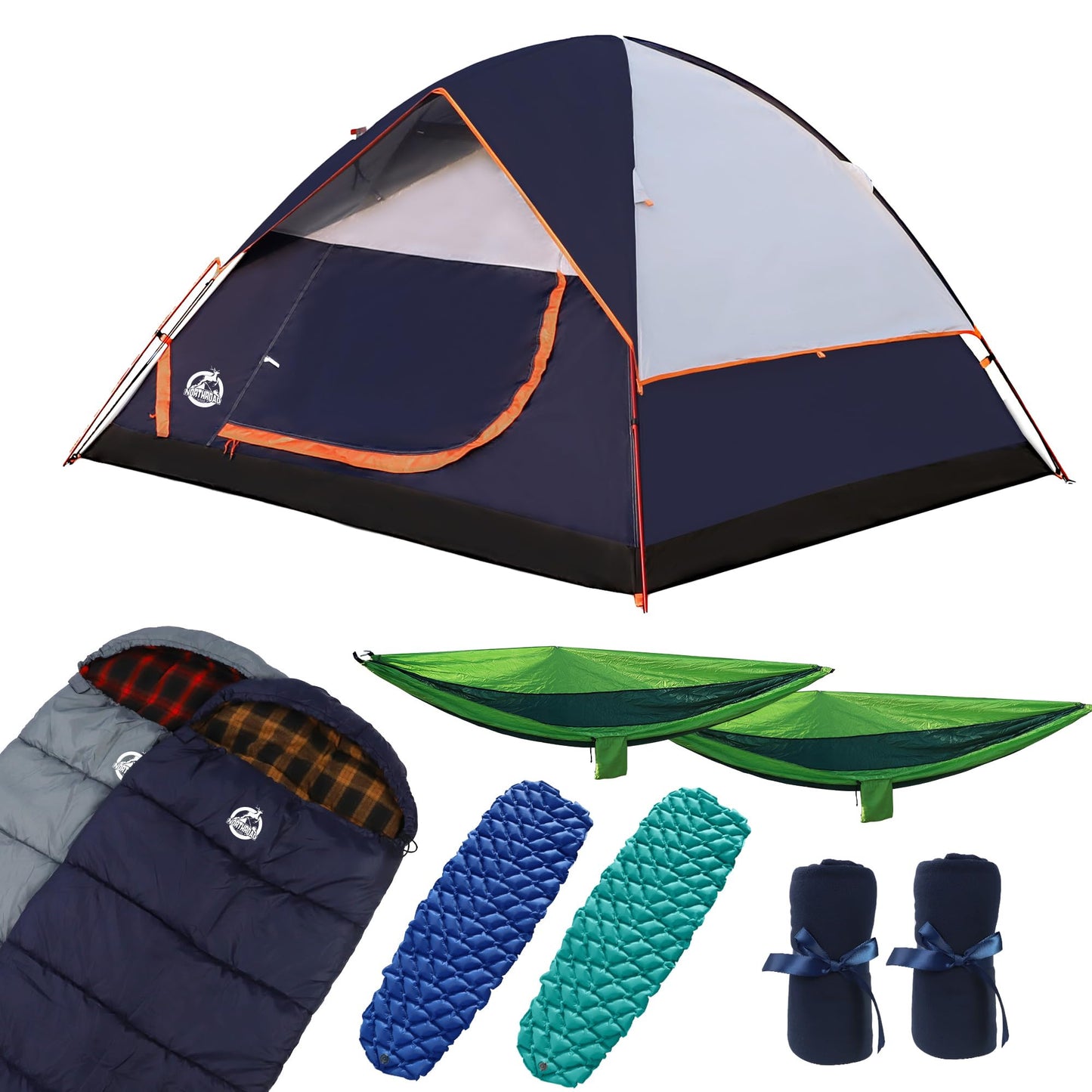 Northroad 9PCS Camping Tent Kit, Including 1 2/3 Person Dome Tent, 2 Sleeping Bag, 2 Sleeping Pad/Camping Mat, 2 Single Camping Hammock with 2 Tree Straps, 2 Lightweight Fuzzy Bed Blanket