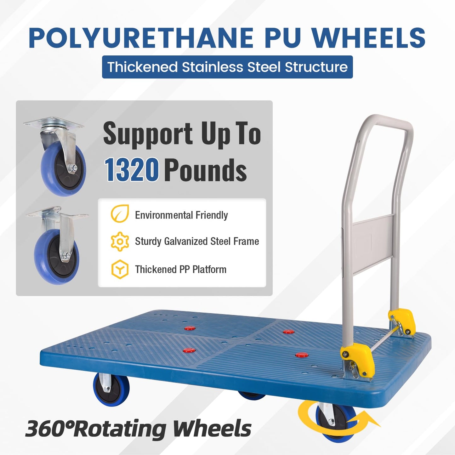 DEGEDUN Foldable Push Cart Dolly 1320 lbs,Moving Platform Hand Truck Blue,with 360° Swivel Wheels, for Home Garage Workshops, Loading, Storage, Warehouse