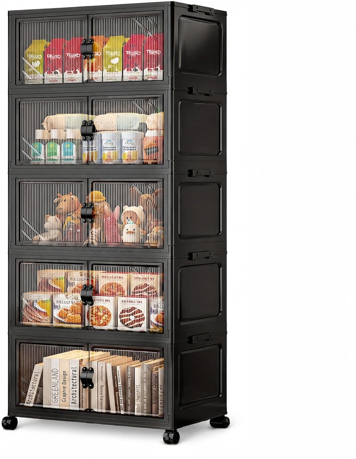 FoldTrend 5-Tier Foldable Storage Cabinet with Wheels & Lid, 242QT Large Stackable Organizer, No Tool Required, Storage Cabinet for Garage, Home Office, Pantry, Kitchen, Dorm