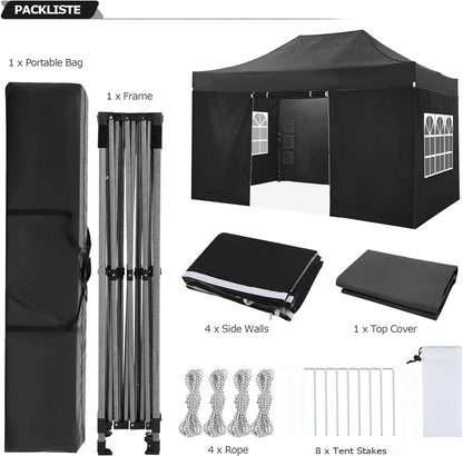 COBIZI 10x15 Heavy Duty Pop Up Canopy Tent with 4 Sidewalls Thicken Frame, Commercial Easy Up Outdoor Wedding Party Tents, All Season Waterproof Windproof with Stakes Sandbags Ropes Bag, Black