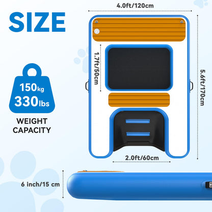 GYMMALL Large Dog Dock Ramp with Water Hammock 5.6 * 4ft, Inflatable Dog Water Ramp Platform 6 inch Thickened for Boat Pool Lake Sea, PVC Floating Boat Ramp for Dogs up to 330lbs, Dog Boat Ramp Blue