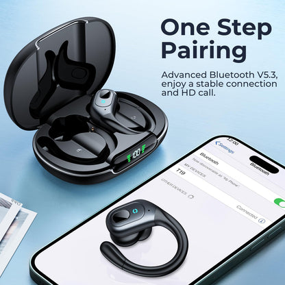 occiam Active Noise Cancelling Earbuds Wireless Bluetooth Headphones Ear Buds 90Hrs Playback Stereo Bass Earphones with Mic Over-Ear Hooks IPX7 Waterproof Headset for Work Sports Running Gym Black