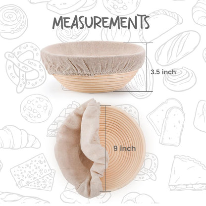 DOYOLLA Round Bread Dough Proofing Rising Rattan Baskets(Set of 2, 9 inch) w/Liners for Home Sourdough Bread Bakers