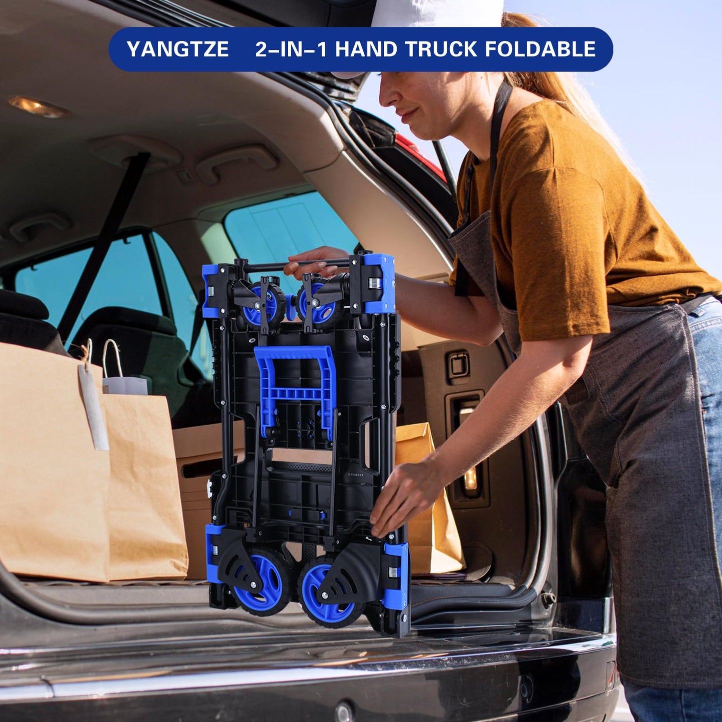 2 in 1 Hand Truck Dolly Foldable with Basket,Hand Truck Foldable with Retractable Handle,330LBS Capacity Folding Hand Cart,Portable Dolly Cart with Wheels for Moving