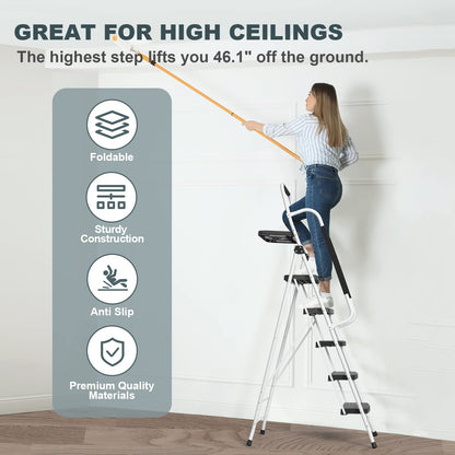 SocTone 5 Step Ladder with Handrails, Folding Step Stool with Tool Platform, Sturdy& Portable Steel Ladder for Adults, 330LBS Capacity Ladder for Home Kitchen Library Office, White