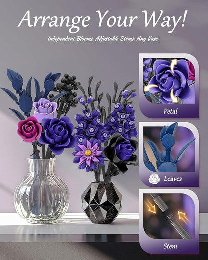 Purple Rose Bouquet Building Set Artificial Floral Building Toys for Gothic Home Decor Ideal Gift for Halloween &amp Christmas Compatible with Lego Flower Set for Adults Women and Teen Girls