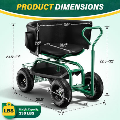 Baotree Garden Seat with Wheels, Rolling Garden Stool with Adjustable 360°Swivel Seat, Storage Basket & Extendable Handle, Outdoor Gardening Scooter, Garden Cart Workseat Stools for Seniors