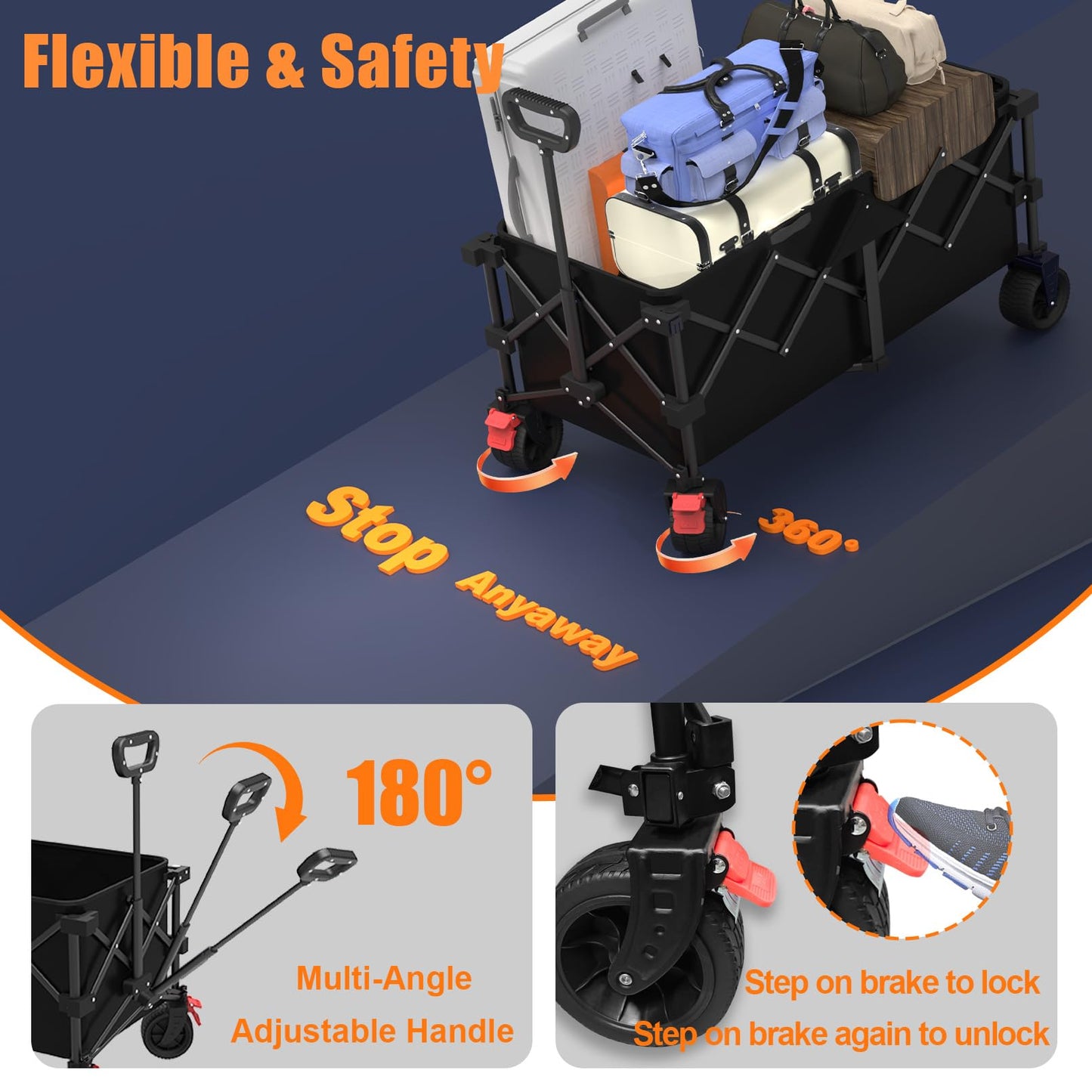41" L Collapsible Large Wagon Cart Foldable, 460LB Weight Capacity 220L Heavy Duty Folding Beach Wagons with Big All-Terrain Wheels, Utility Carts for Camping, Garden, Shopping, Sports, Black