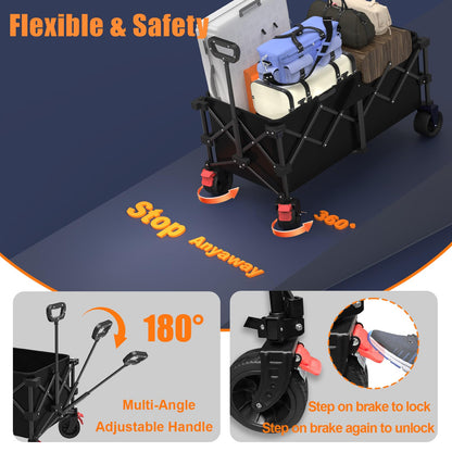 41" L Collapsible Large Wagon Cart Foldable, 460LB Weight Capacity 220L Heavy Duty Folding Beach Wagons with Big All-Terrain Wheels, Utility Carts for Camping, Garden, Shopping, Sports, Black