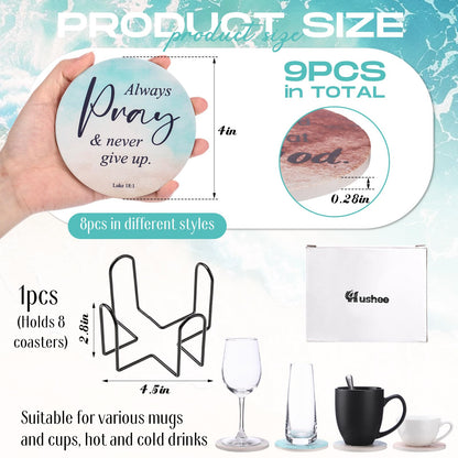 Hushee Set of 8 Christian Coasters with Bible Verses, Absorbent Ceramic Drink Coasters with Holder for Home Decor Table Protection Baptism First Communion Confirmation Gifts, 4 Inches(Gradient Style)