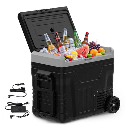 Kndko 12 Volt Car Refrigerator, 53 Quart (50L) Dual Zone Electric Cooler, Fast Cooling Portable Fridge 12V/24V DC 100-240V AC, -4℉~68℉, 12v Cooler with Wheels & Baskets for Camping, Road Trip, Truck
